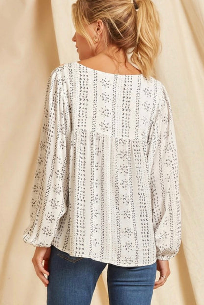 Beige Long Sleeve Embroidered Print Blouse - LA Grand