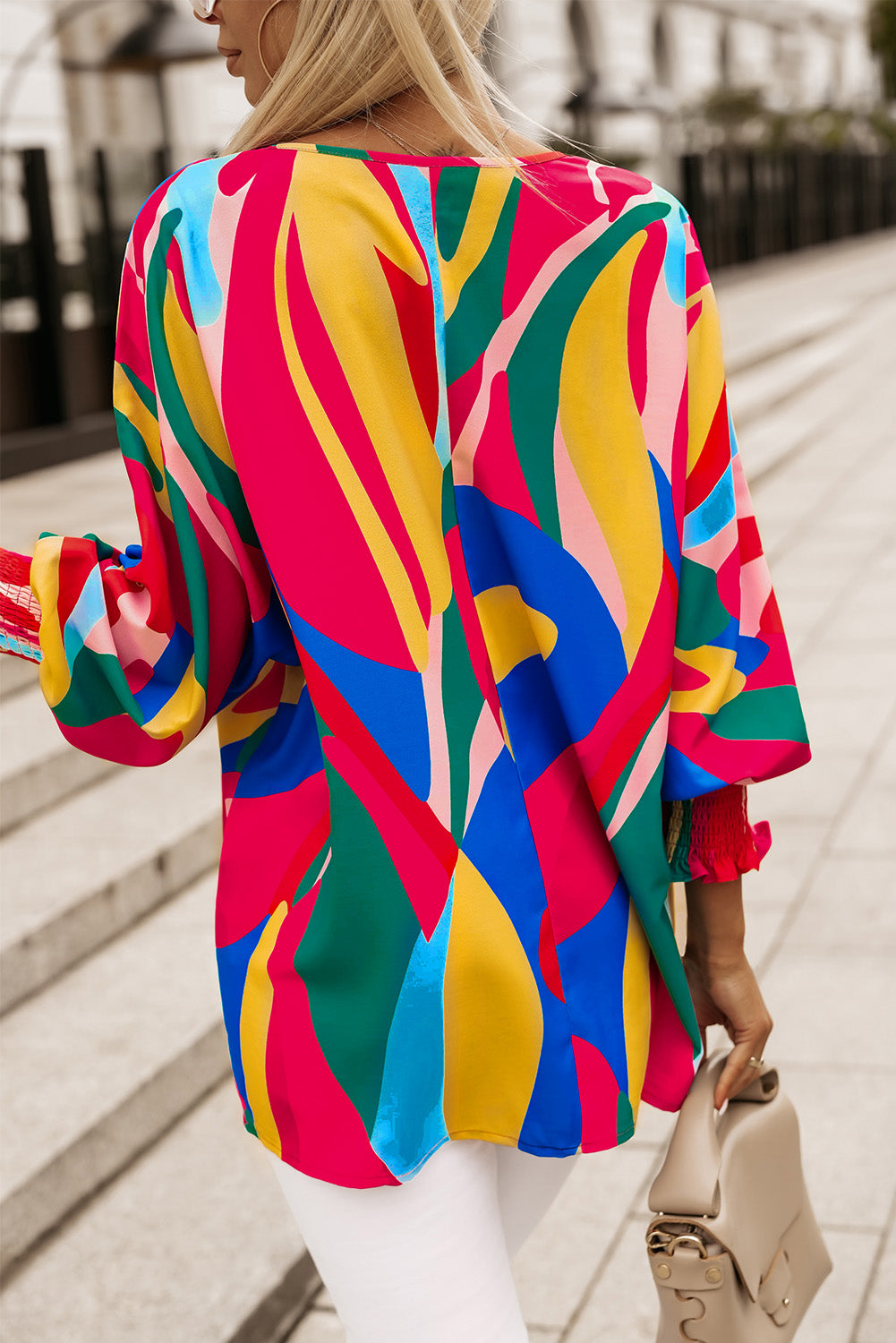 Multicolor Abstract Print Smocked Puff Sleeve Blouse - LA Grand