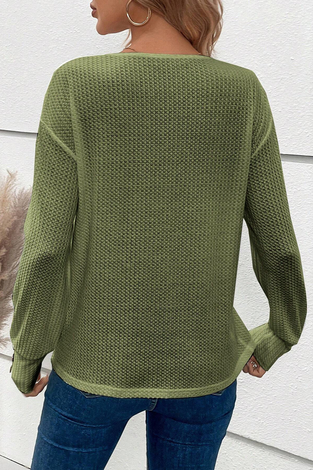 Jungle Green Textured Knit V Neck Button Cuffs Long Sleeve Top - LA Grand