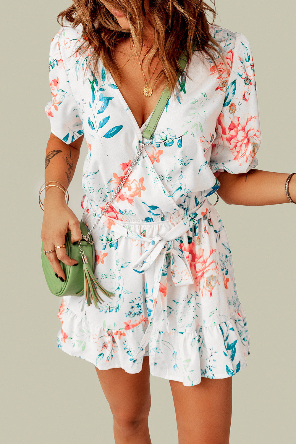 Floral Print Puff Sleeves Romper - LA Grand