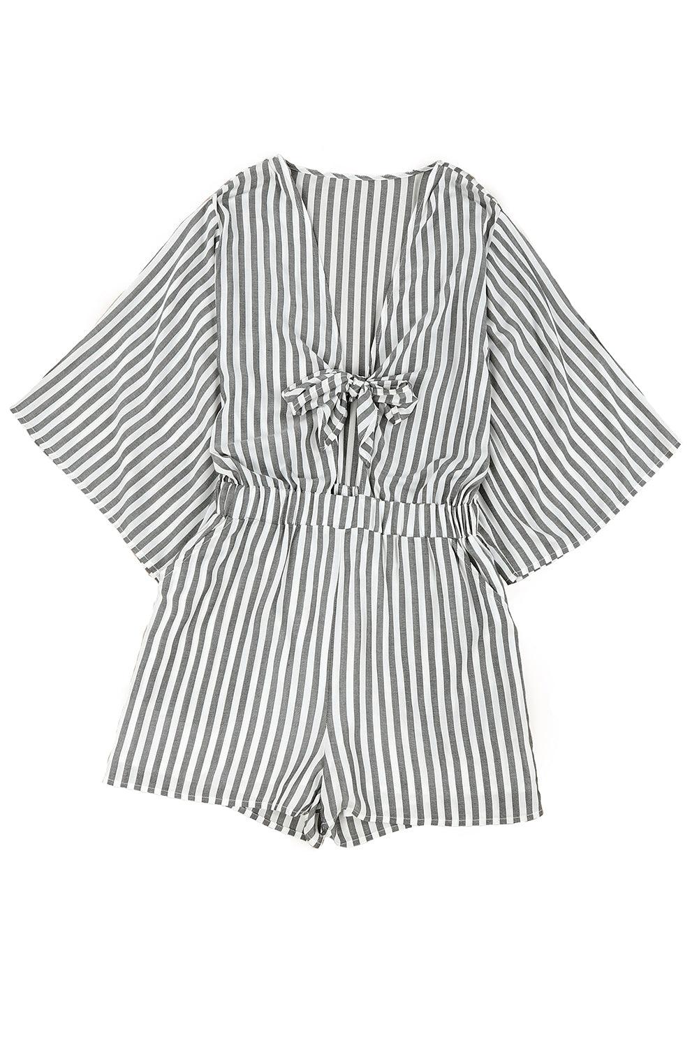 Gray 3/4 Wide Kimono Sleeves Tie Front Striped Romper with Pockets - LA Grand