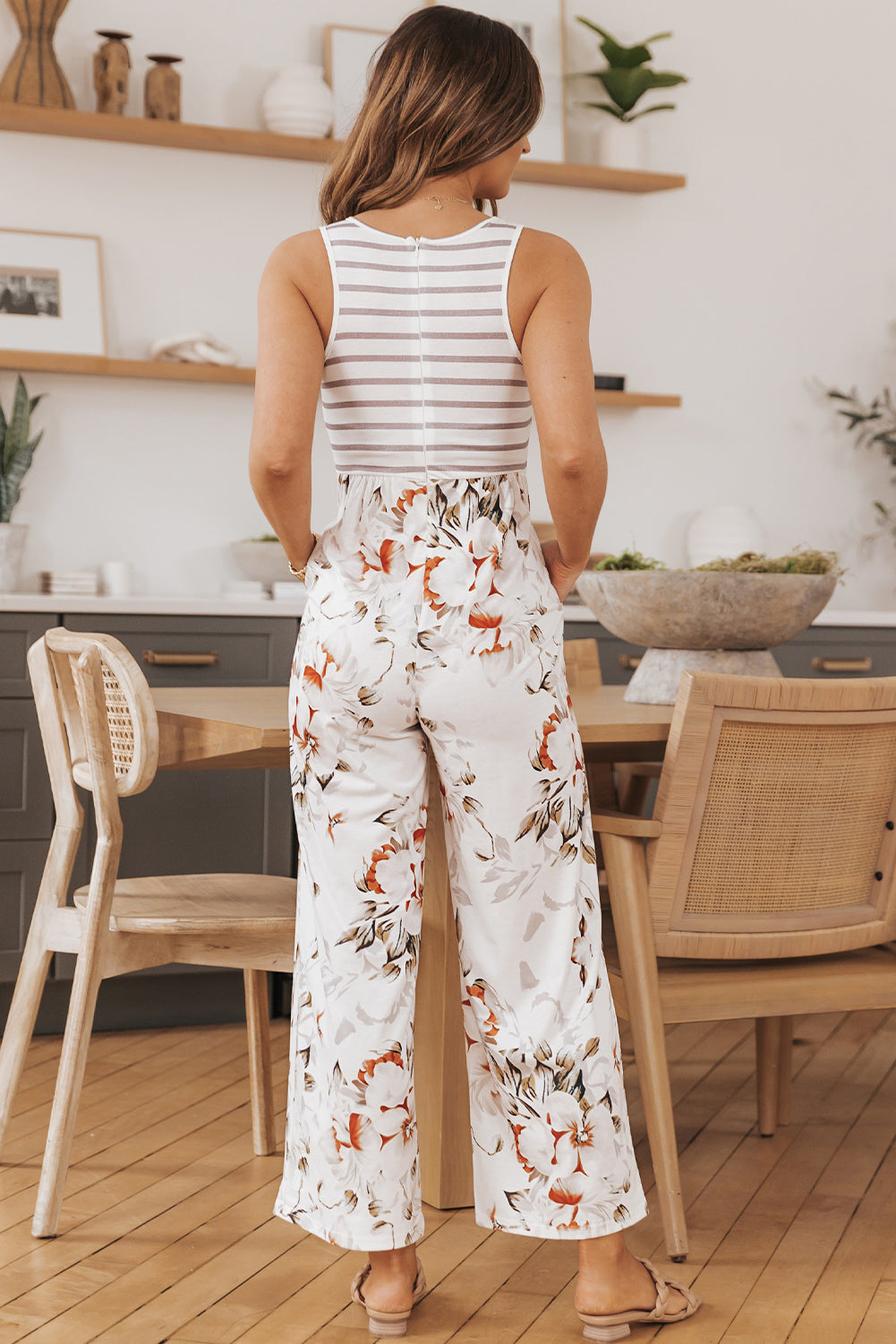 White Striped Floral Pocket Sleeveless Jumpsuit - LA Grand