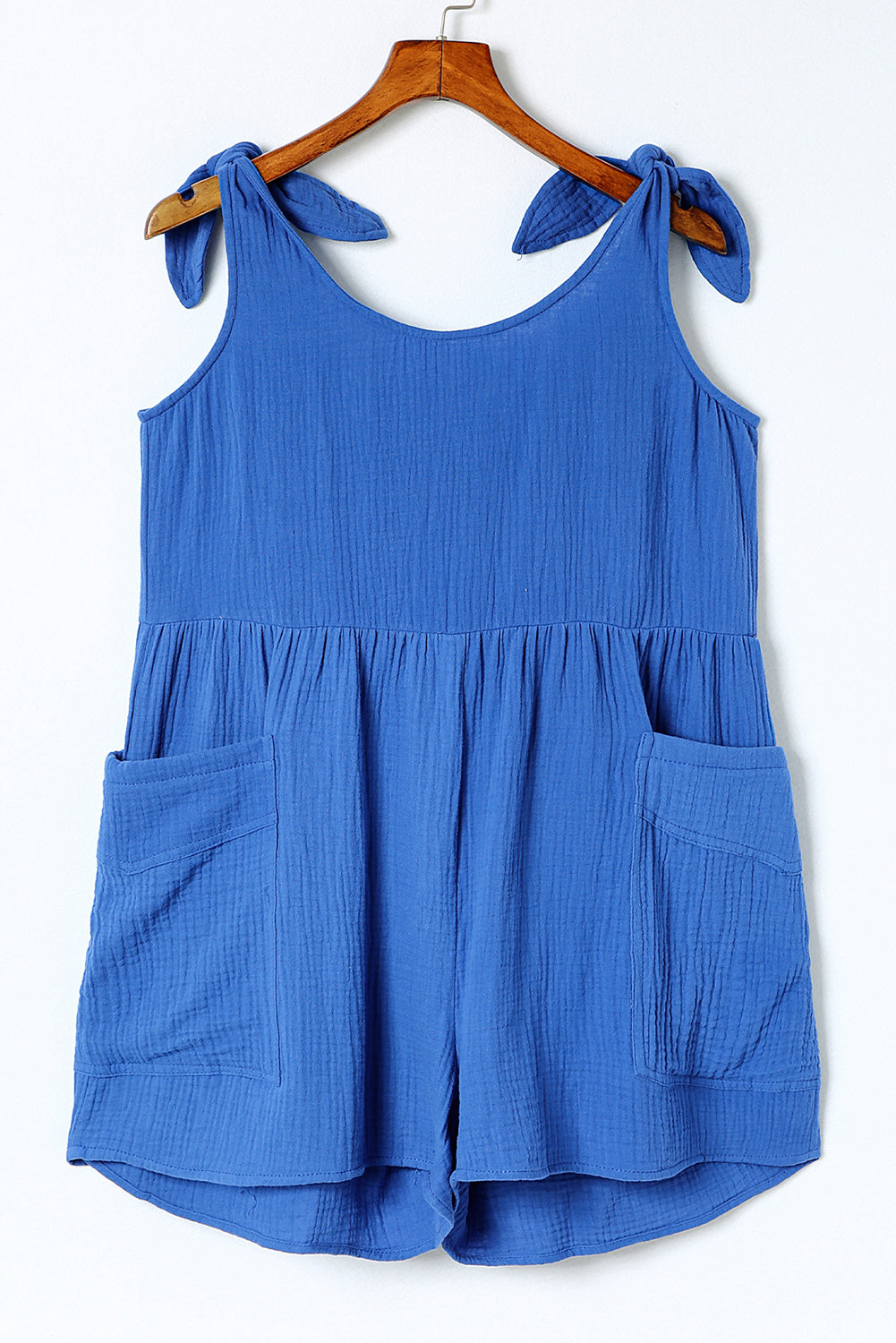 Blue Textured Knotted Straps High Waist Wide Leg Romper - LA Grand