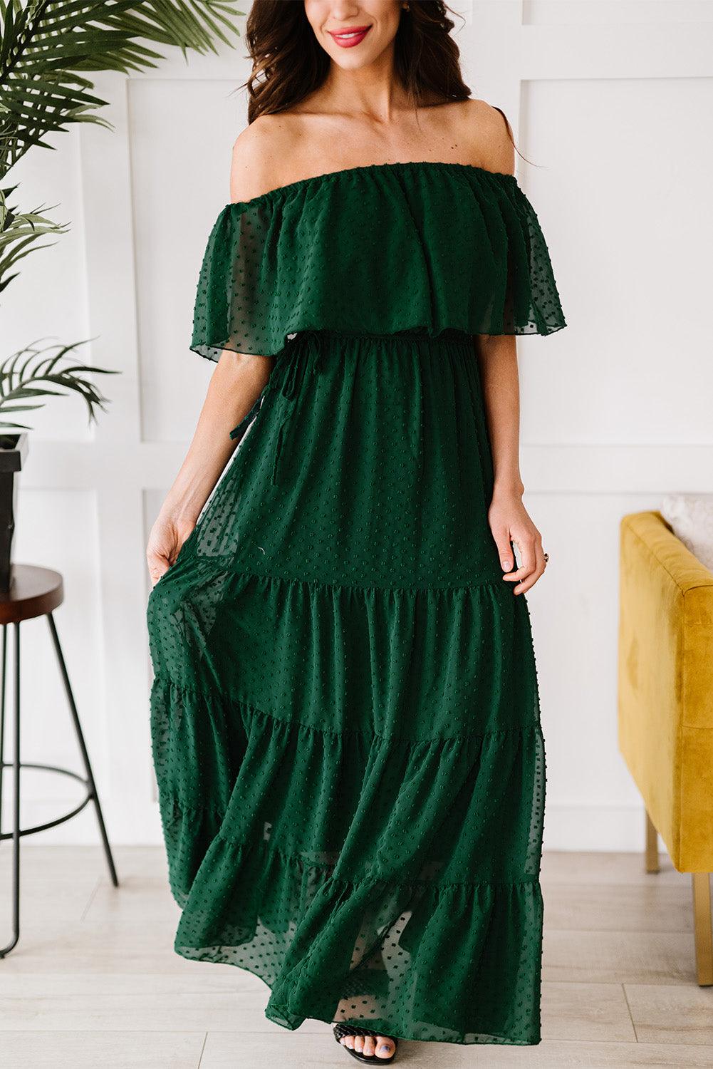 Verde Sunshine Off-Shoulder Swiss Dot Maxi Dress - LA Grand