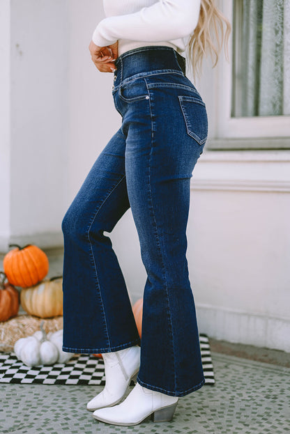 Blue Buttons Elastic Wide Waistband Back Flare Jeans - LA Grand