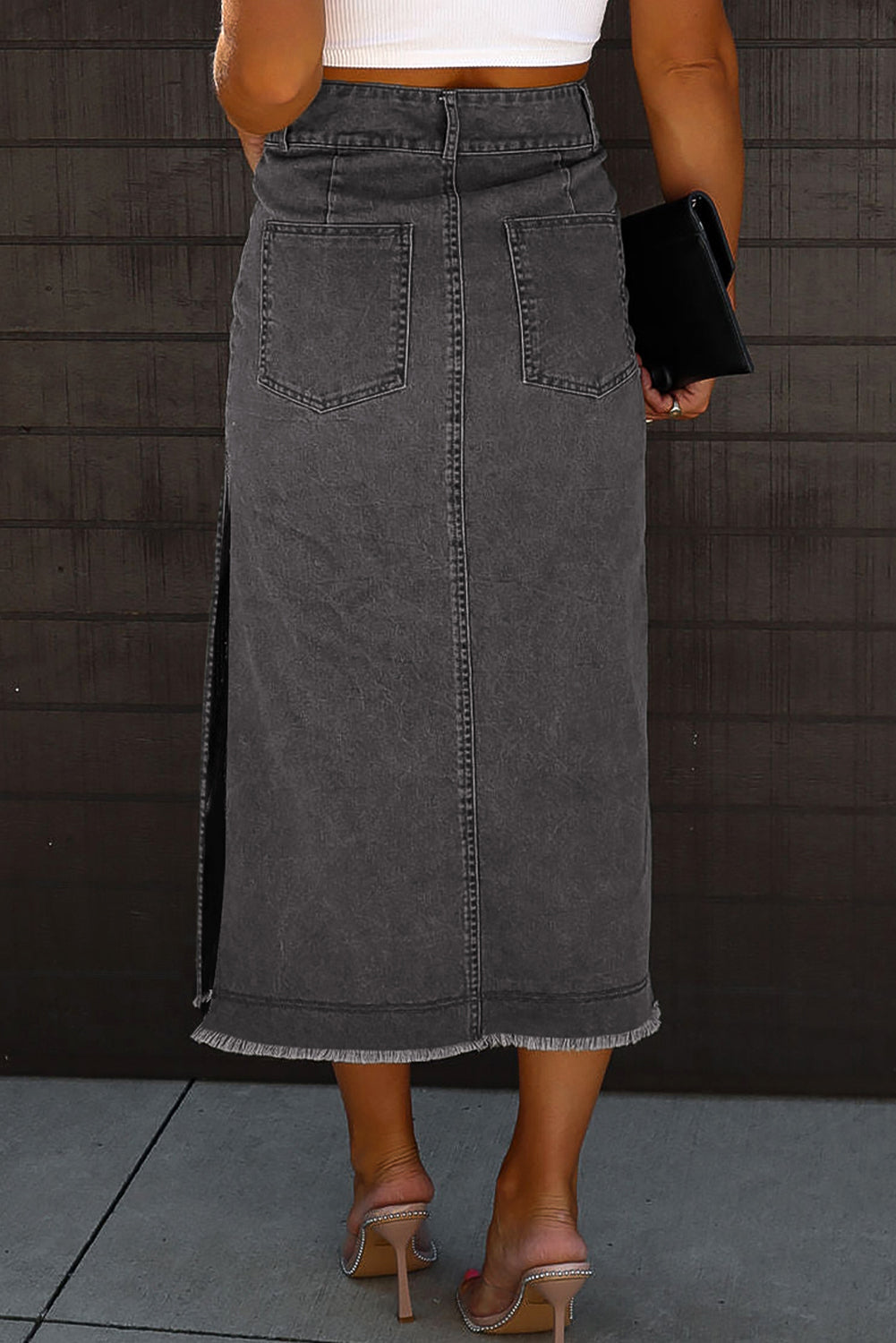 Black Raw Edge Side Slits Buttoned Midi Denim Skirt - LA Grand