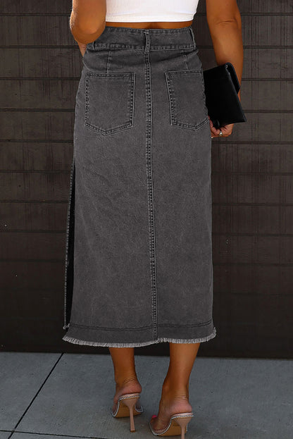 Black Raw Edge Side Slits Buttoned Midi Denim Skirt - LA Grand