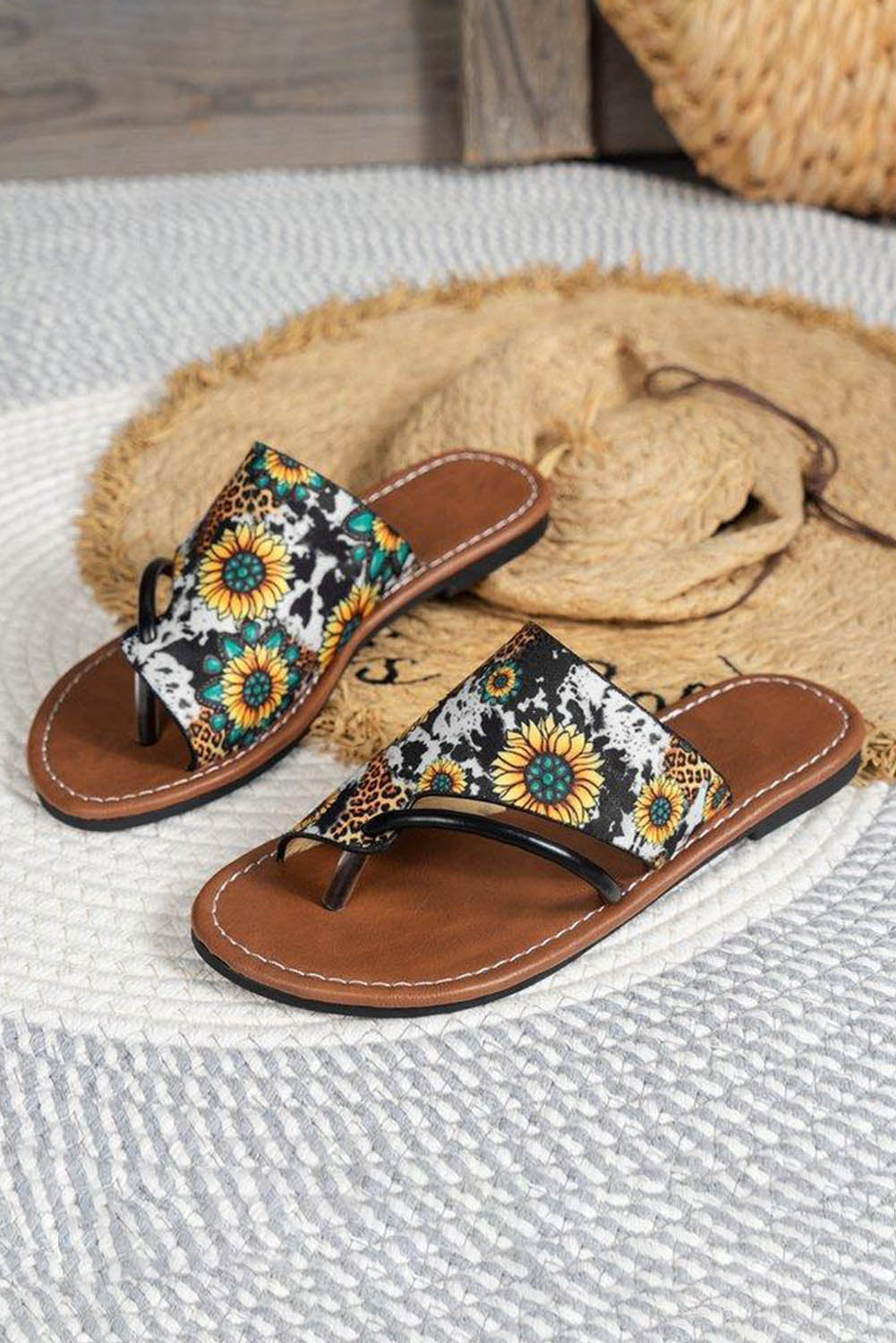 Multicolor Boho Sunflower Print Flat Flip Flops - LA Grand