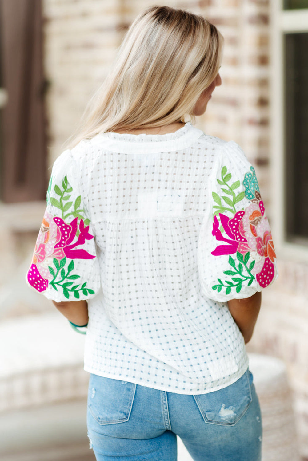 White Floral Embroidered Puff Sleeve Notched Neck Blouse - LA Grand