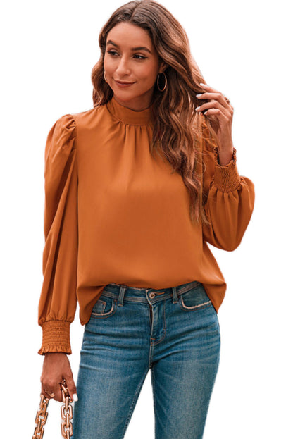 Orange Long Bubble Sleeve Mock Neck Chiffon Blouse - LA Grand