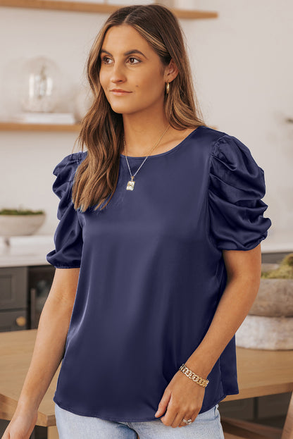 Dark Blue Ruched Puff Short Sleeve Satin Blouse - LA Grand