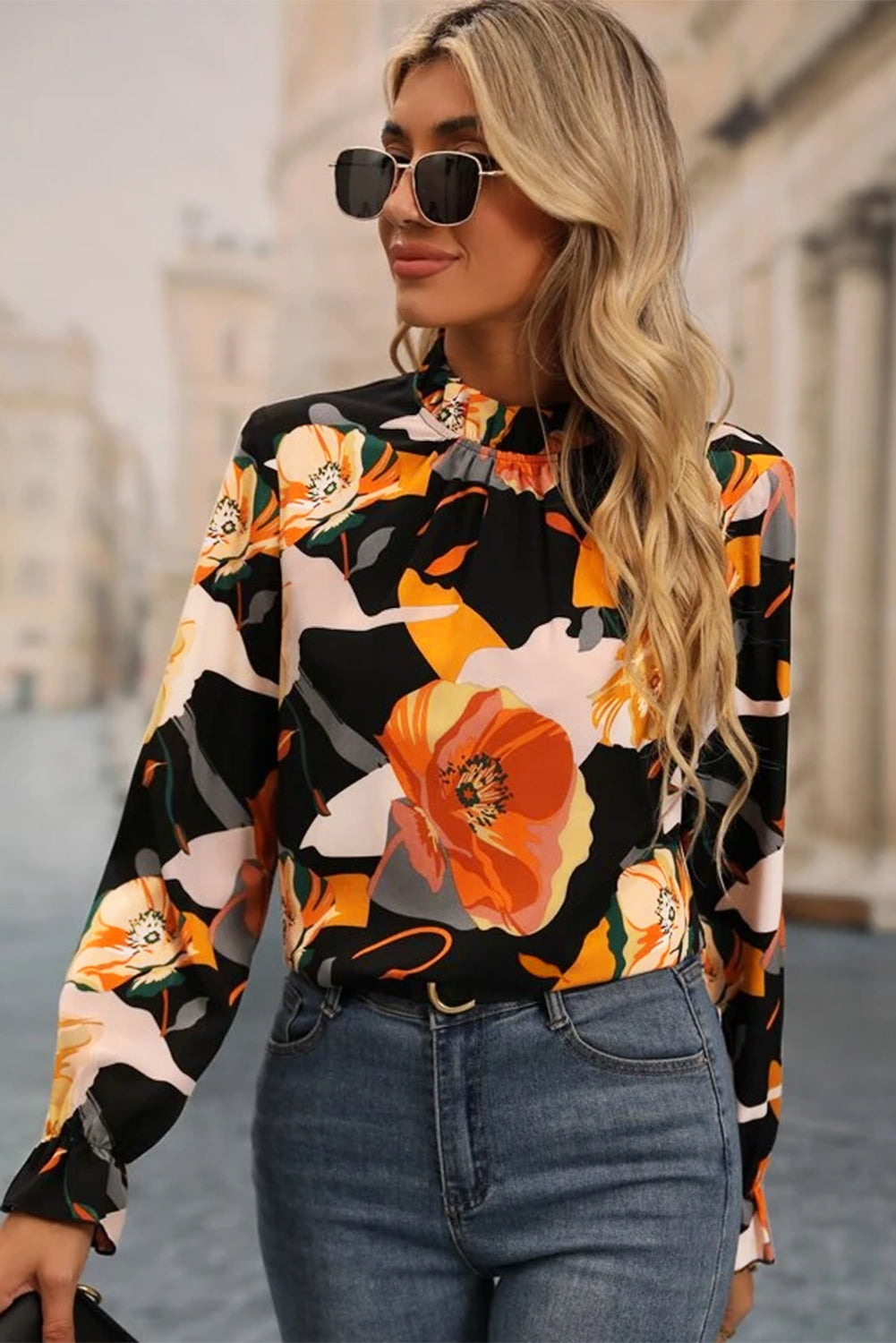 Black Floral Print Mock Neck Blouse - LA Grand