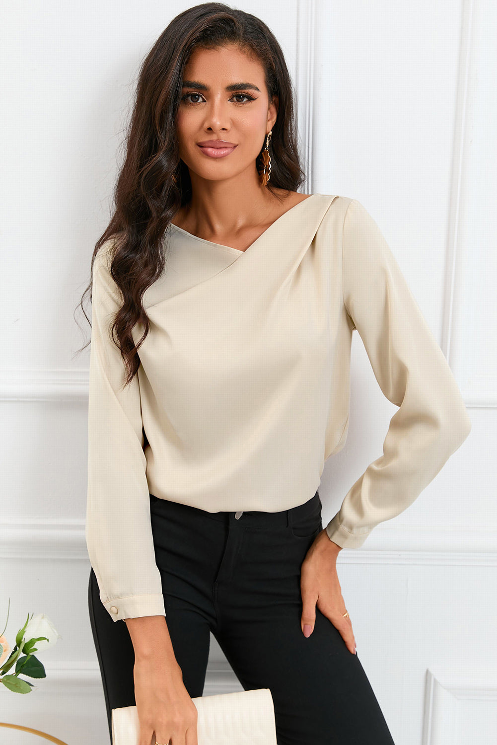 Apricot Solid Asymmetric V Neck Long Sleeve Satin Blouse - LA Grand