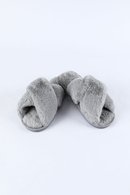 Gray Crossed Straps Winter Furry Slippers - LA Grand