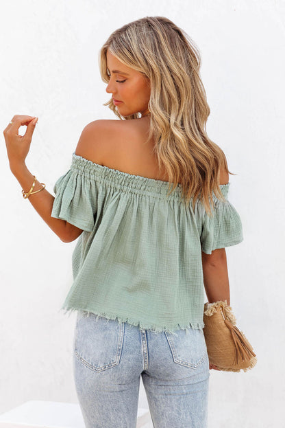 Green Off Shoulder Textured Ruched Ruffle Blouse - LA Grand