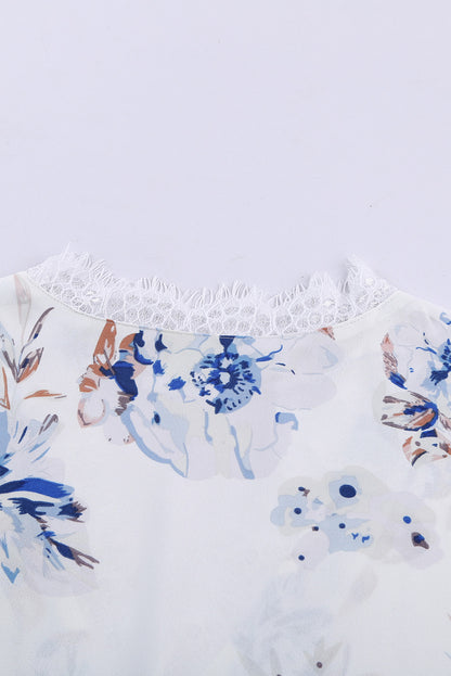 White White/Apricot Floral Scalloped V Neck Short Sleeves - LA Grand