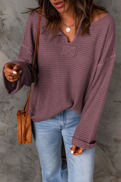 Dusk Blue Waffle Knit Loose Long Sleeve Top - LA Grand