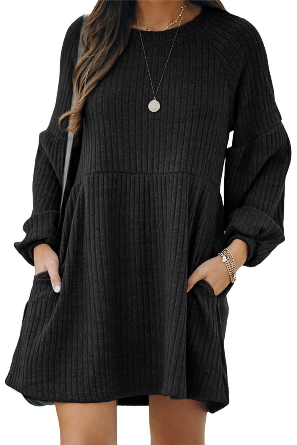 Round Neck Empire Waist Ribbed Knit Dress - LA Grand