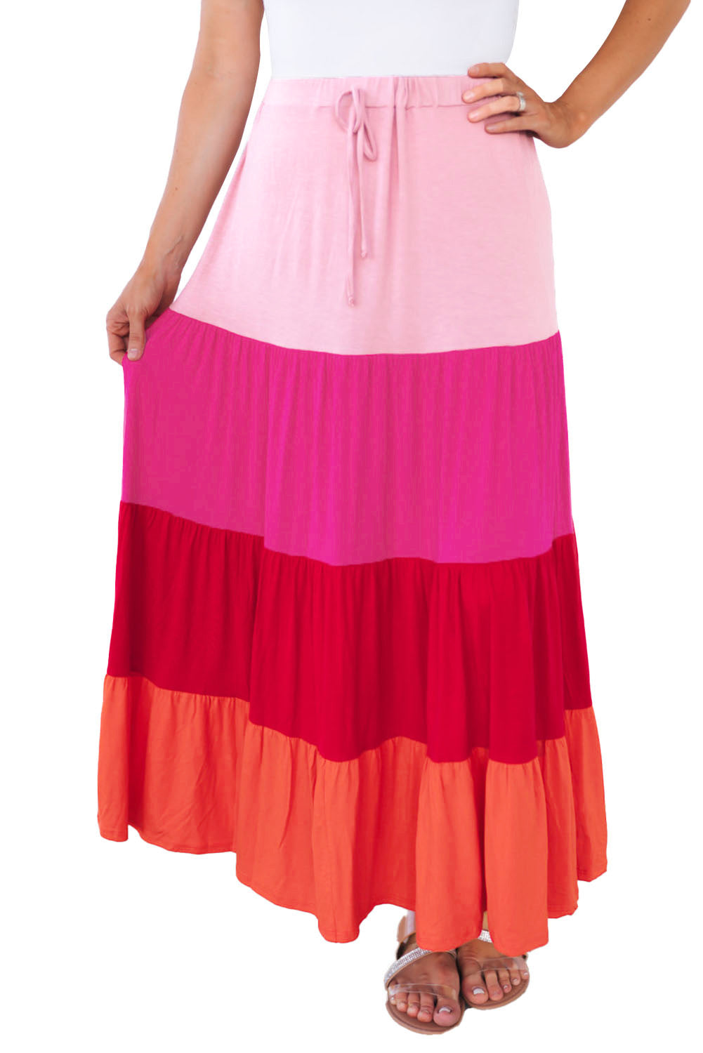 Pink Color Block Tiered Drawstring High Waist Maxi Skirt - LA Grand