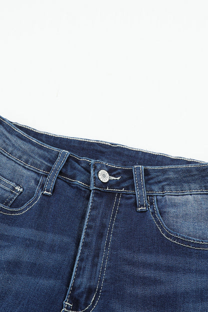 Blue Distressed Raw Hem Button Mid Waist Jeans - LA Grand