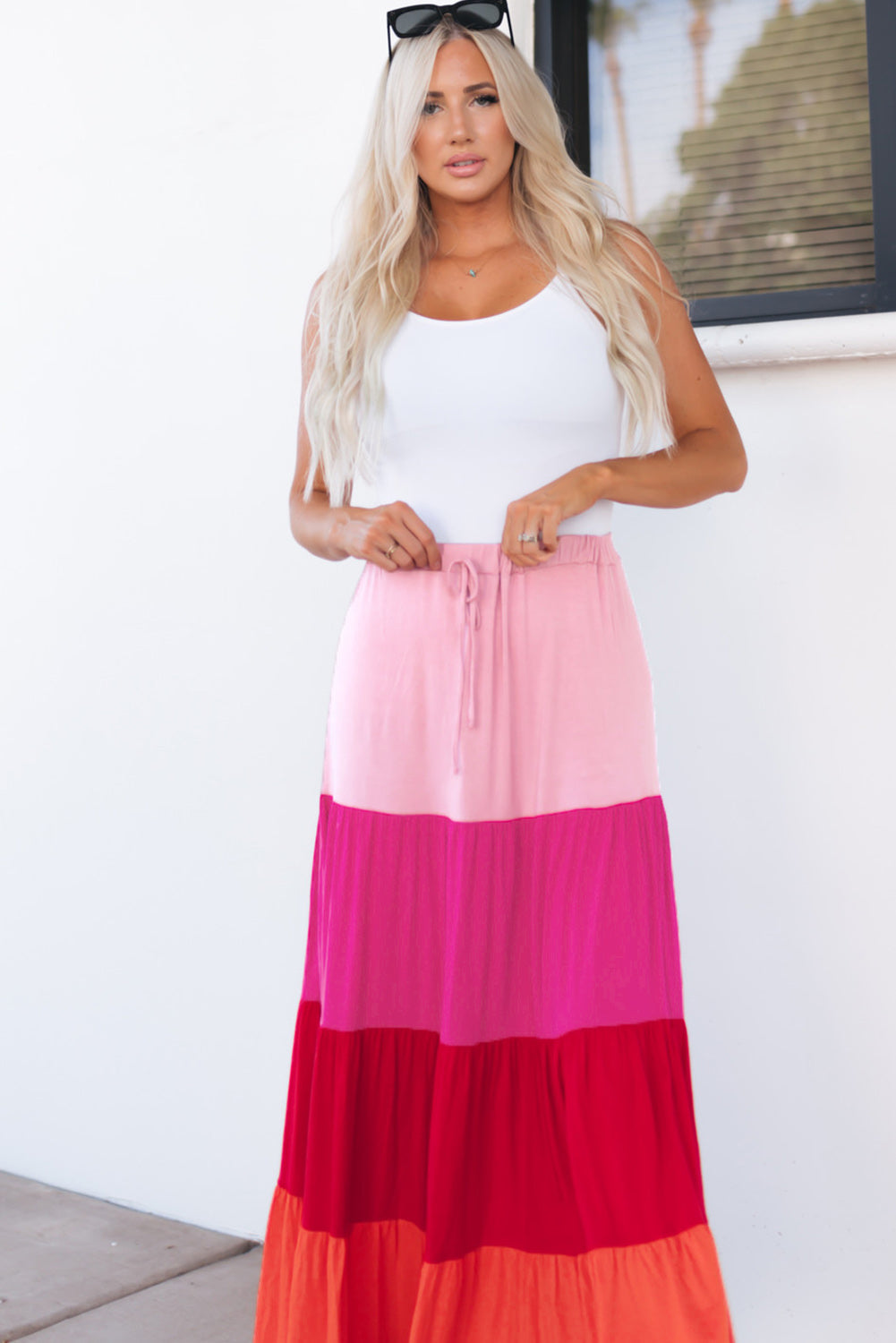 Pink Color Block Tiered Drawstring High Waist Maxi Skirt - LA Grand