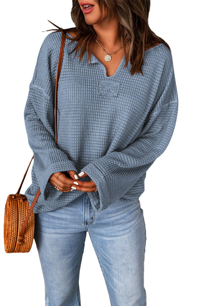 Dusk Blue Waffle Knit Loose Long Sleeve Top - LA Grand