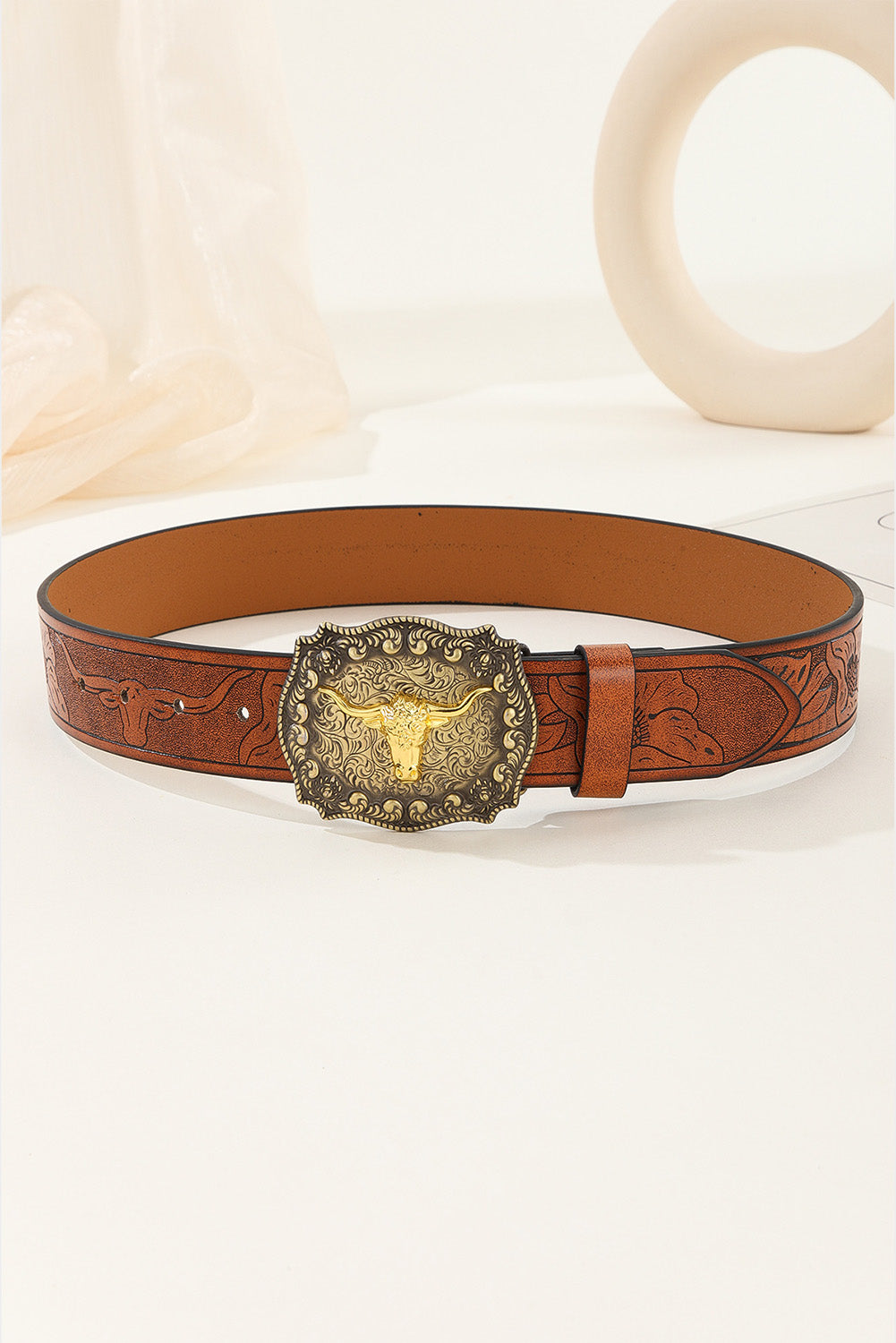 Brown Western Longhorn Bull Buckle Belt - LA Grand