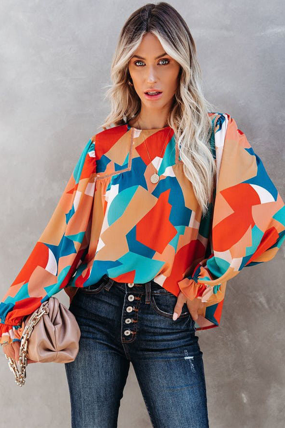 Abstract Pattern Crewneck Ruffled Puff Sleeve Blouse - LA Grand