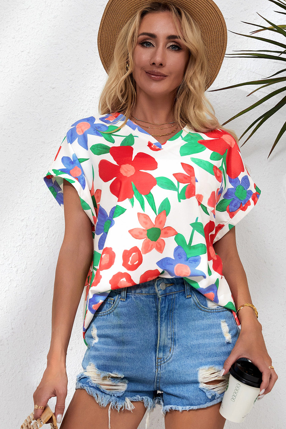 Flower Print Chest Pocket V Neck Blouse - LA Grand