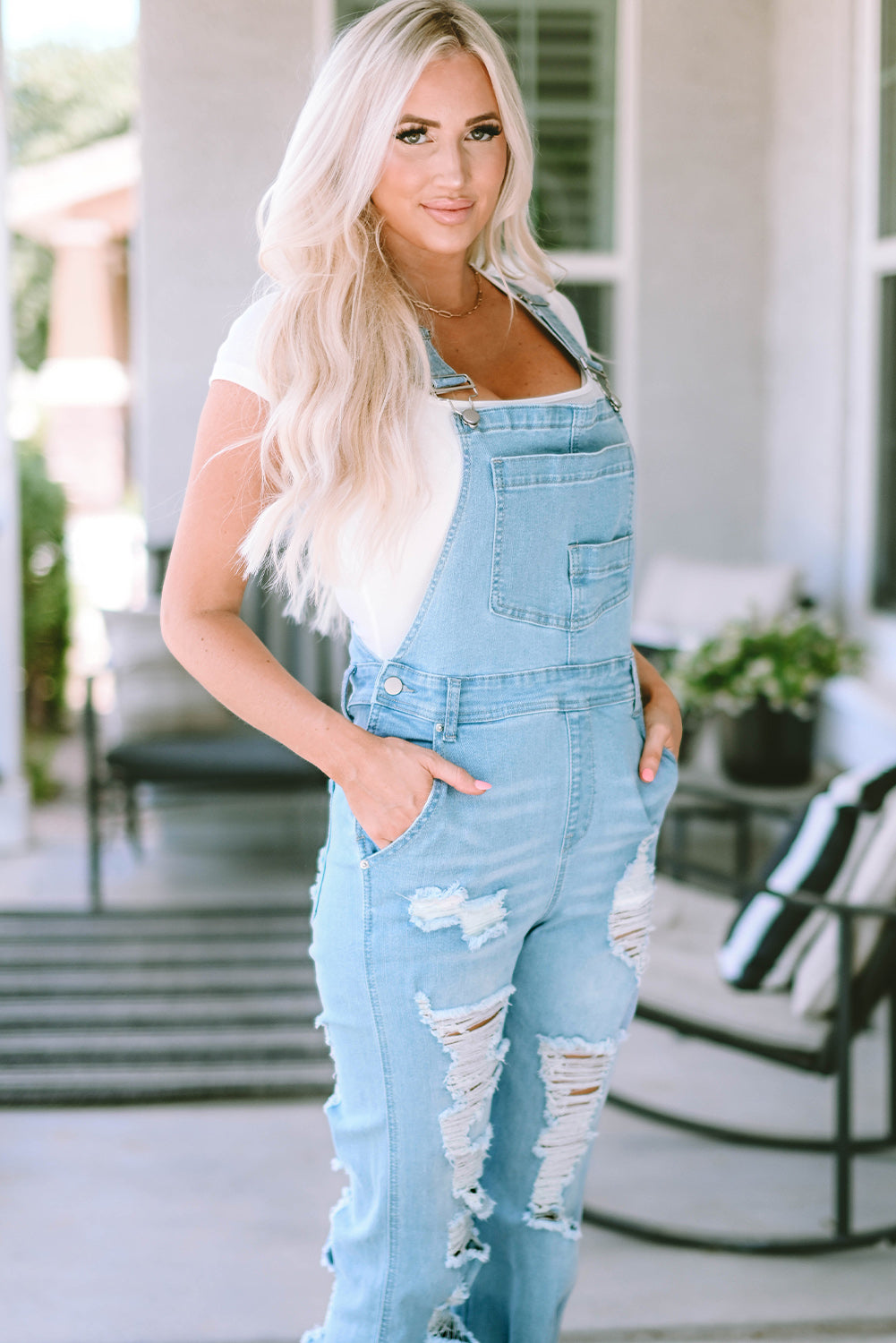 Sky Blue Constructed Bib Pocket Distressed Denim Overalls - LA Grand