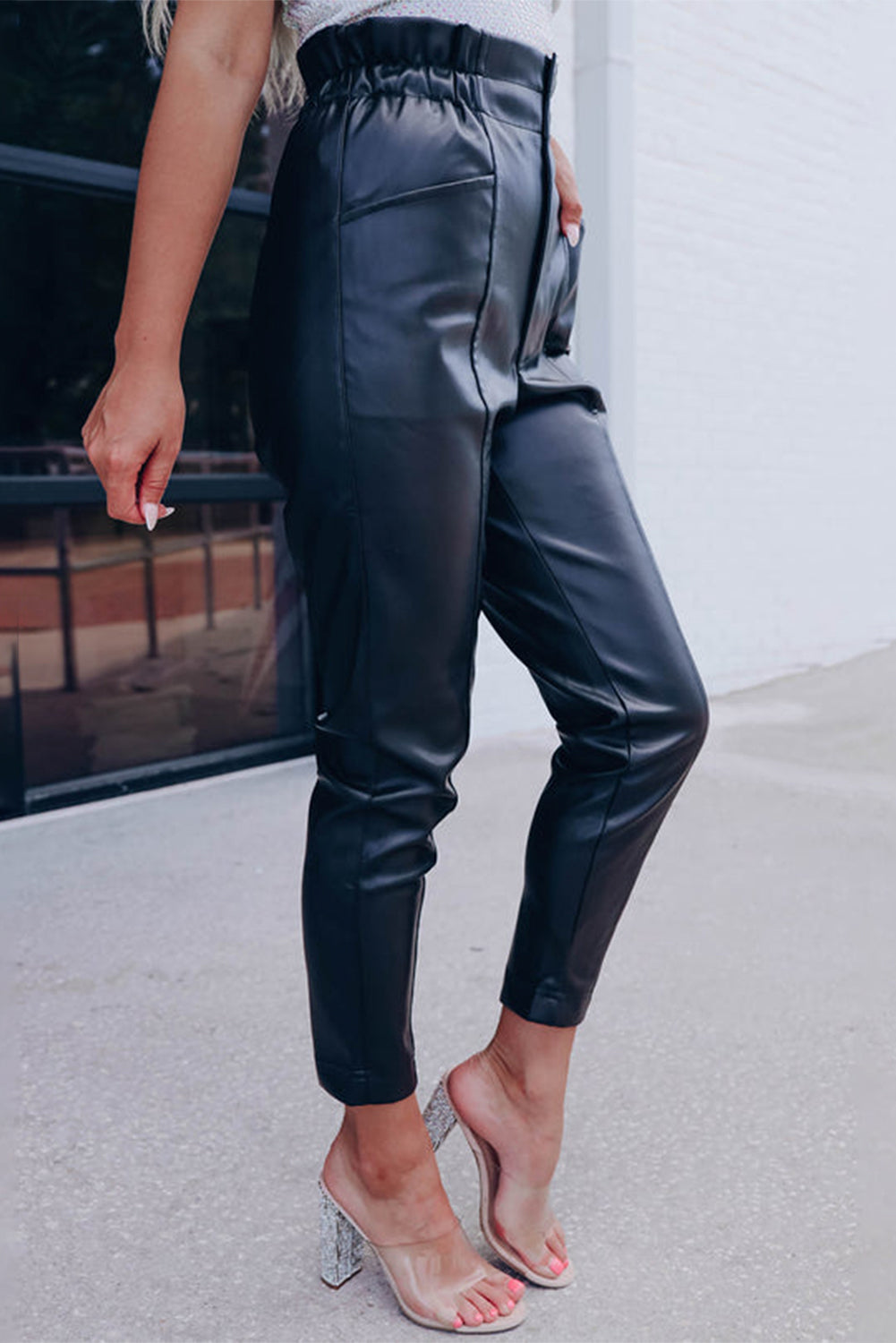 Black Smocked High Waist Faux Leather Skinny Pants - LA Grand