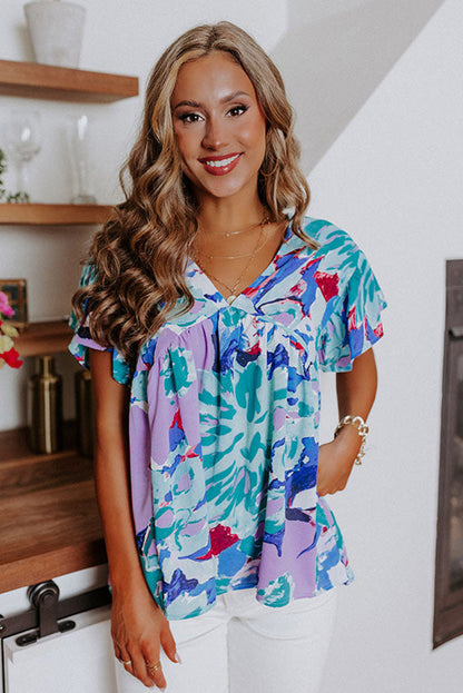 Sky Blue Abstract Print V Neck Flutter Sleeve Blouse - LA Grand