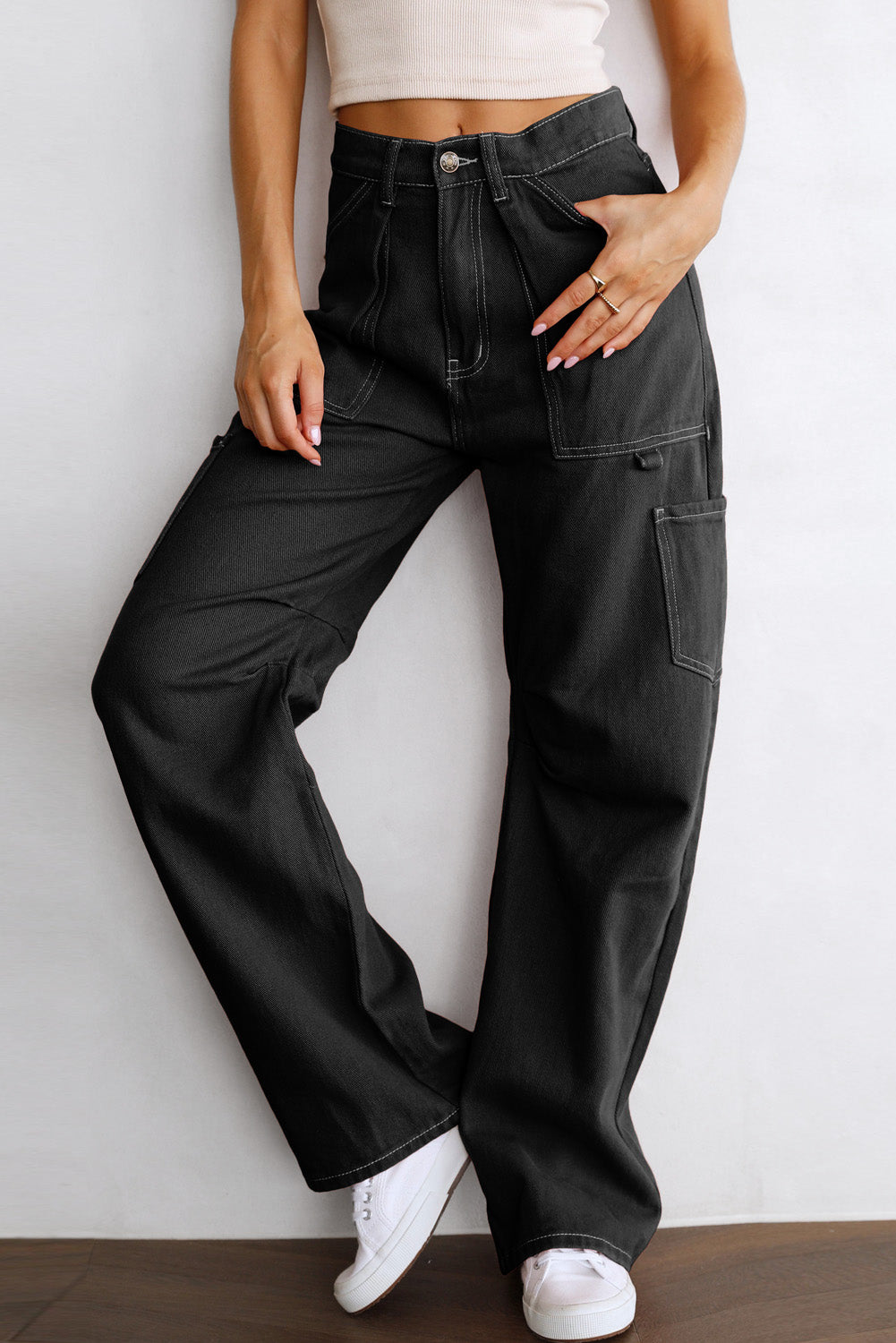 Black High Waist Straight Leg Cargo Pants with Pockets - LA Grand