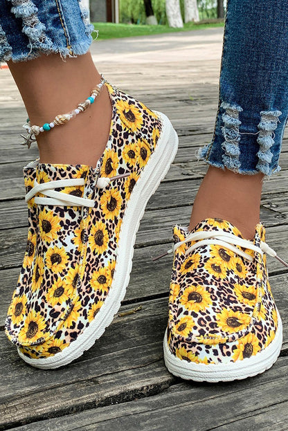 Yellow Sunflower Leopard Print Lace-up Decor Canvas Shoes - LA Grand