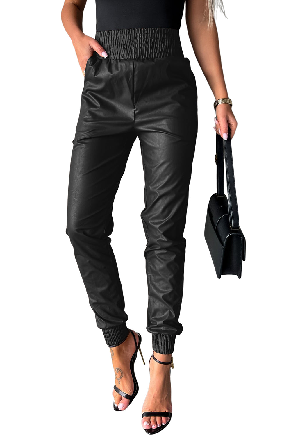 Brown Smocked High-Waist Leather Skinny Pants - LA Grand