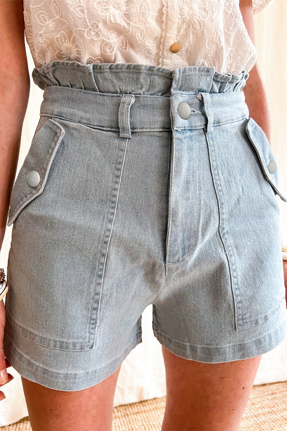 Beau Blue Ruffled High Waist Flap Pockets Denim Shorts - LA Grand