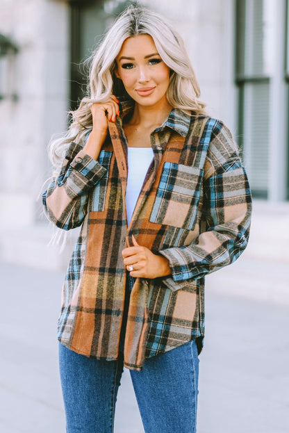 Brown Plaid Color Block Buttoned Shirt with Pockets - LA Grand