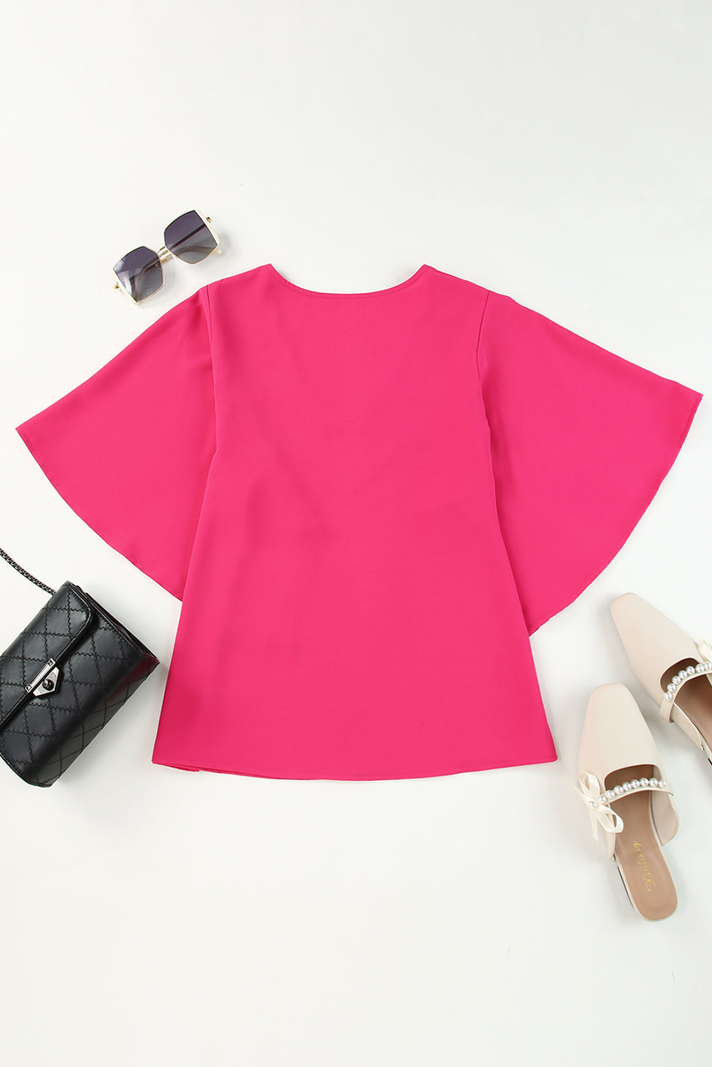 Rose Plain Flounce Bell Sleeve V Neck Blouse - LA Grand