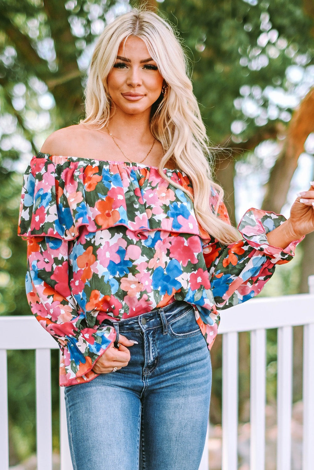 Floral Print Ruffled Off Shoulder Blouse - LA Grand