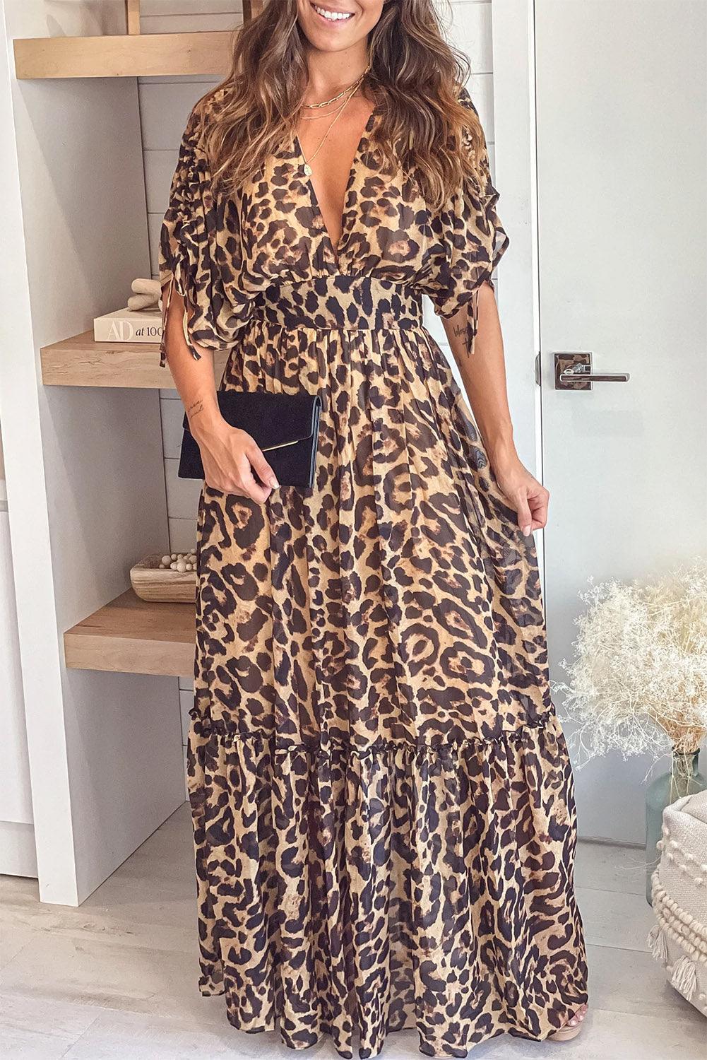 Elite Appeal: Leopard Print Drawstring V-Neck High Waist Long Dress - LA Grand