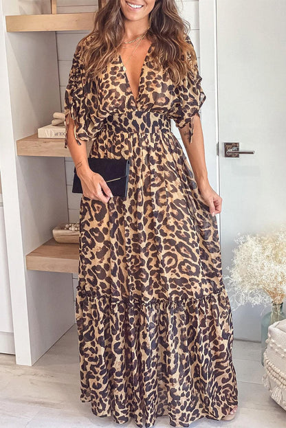 Elite Appeal: Leopard Print Drawstring V-Neck High Waist Long Dress - LA Grand