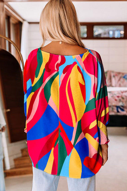 Multicolor Abstract Print Smocked Puff Sleeve Blouse - LA Grand