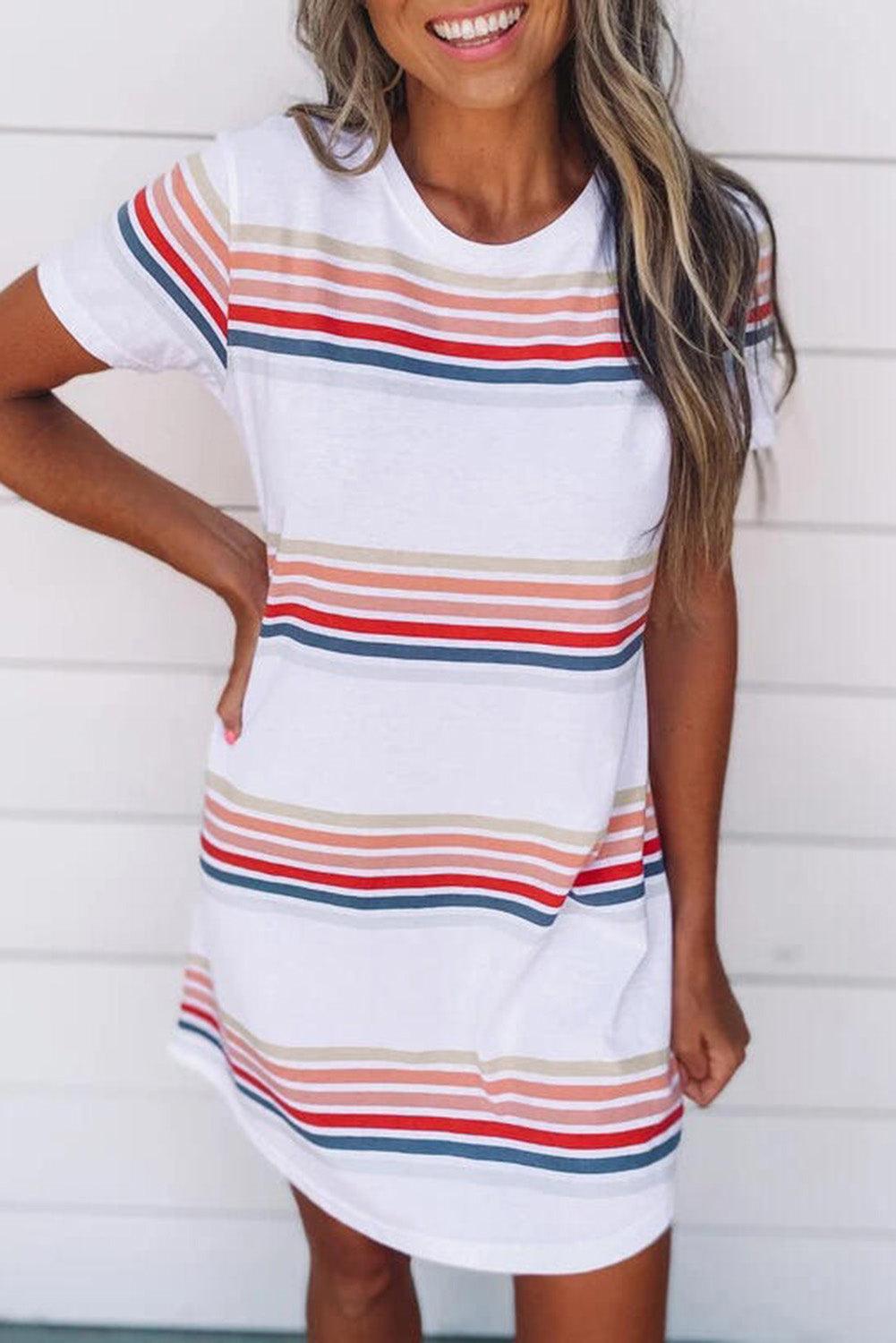 Striped Print Round Neck T-shirt Mini Dress - LA Grand