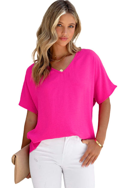 Pink Solid V Neck Short Sleeve Blouse - LA Grand