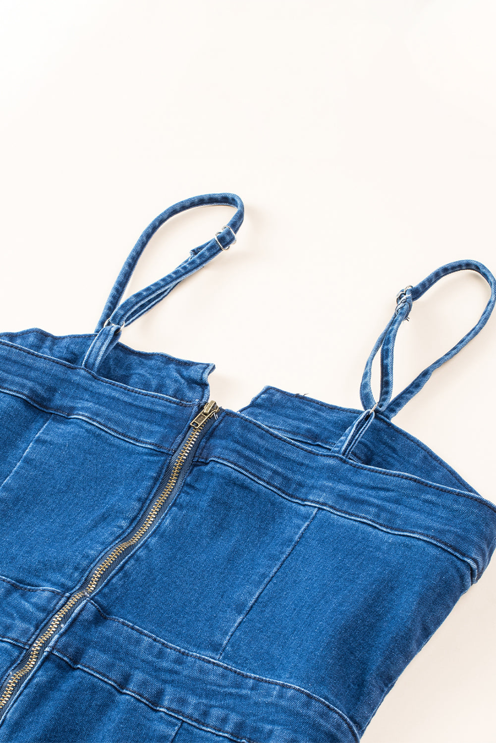 Blue Spaghetti Straps Notch V Denim Jumpsuit - LA Grand