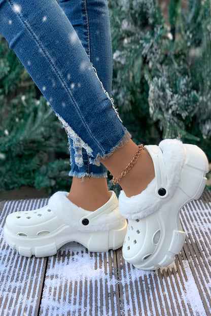 White Plush Lining Winter Hollowed Clogs - LA Grand