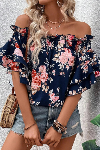 Blue Ruffle Off Shoulder Flounce Sleeve Floral Blouse - LA Grand