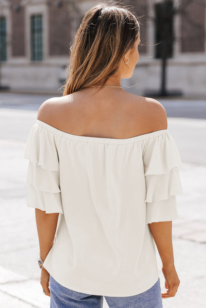 Apricot Tiered Ruffled Half Sleeve Off Shoulder Blouse - LA Grand