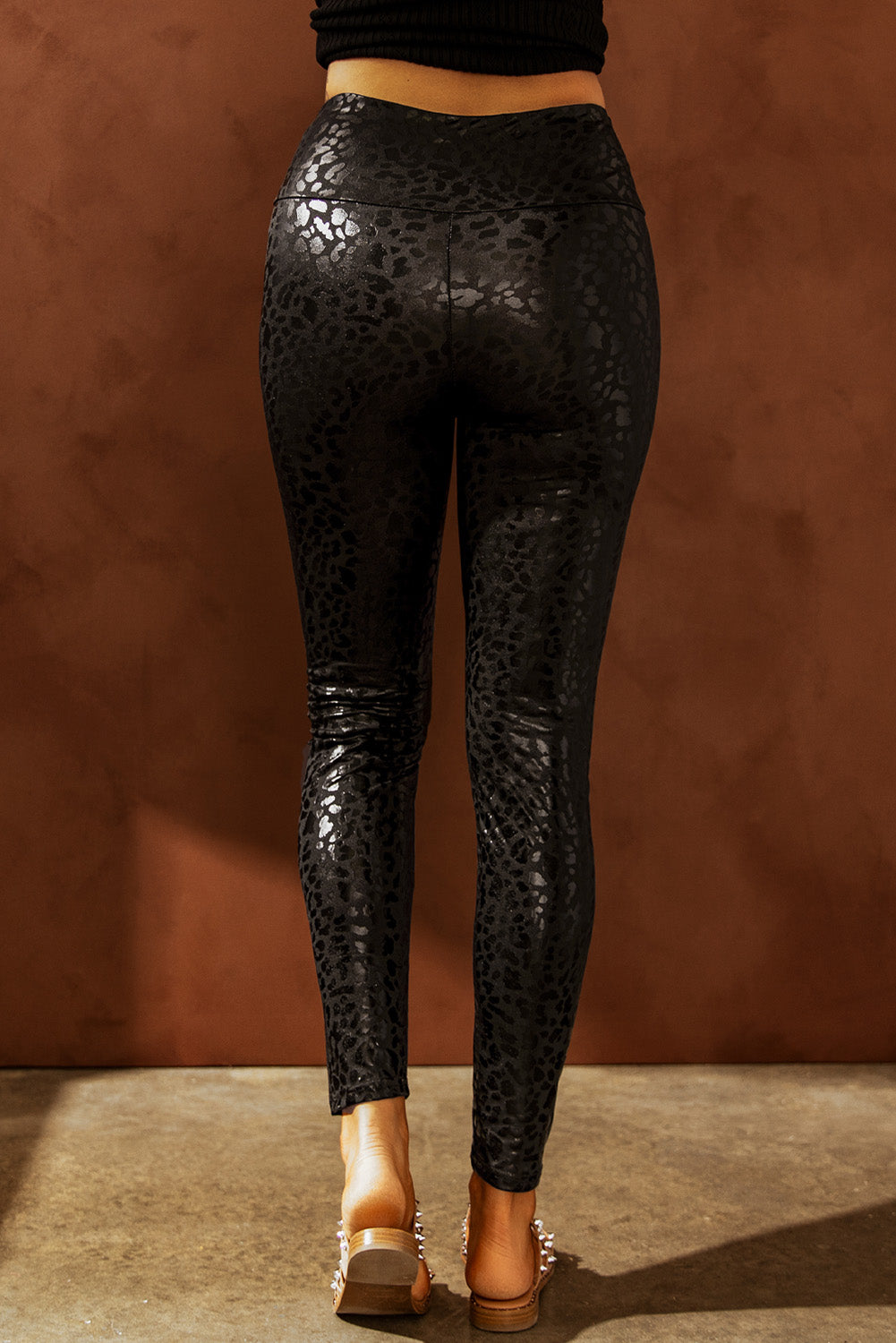 Black Shiny Leopard Textured Leggings - LA Grand