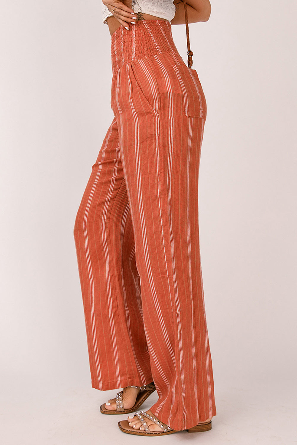 Orange Striped Shirred High Waist Straight Leg Pants - LA Grand